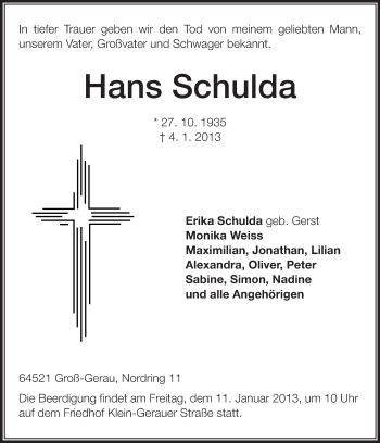 Traueranzeige von Hans Schulda von Rüsselsheimer Echo, Groß-Gerauer-Echo, Ried Echo