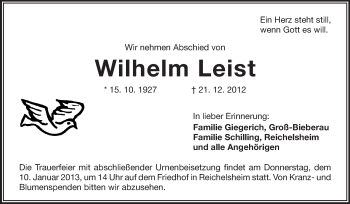Traueranzeige von Wilhelm Leist von Odenwälder Echo