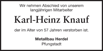 Traueranzeige von Karl-Heinz Knauf von Echo-Zeitungen (Gesamtausgabe)