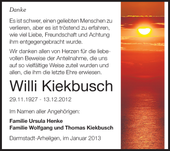 Traueranzeige von Willi Kiekbusch von Echo-Zeitungen (Gesamtausgabe)