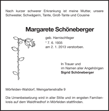 Traueranzeige von Margarete Schöneberger von Rüsselsheimer Echo, Groß-Gerauer-Echo, Ried Echo