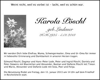 Traueranzeige von Karola Pöschl von Odenwälder Echo