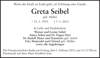 Traueranzeige von Greta Seibel von Echo-Zeitungen (Gesamtausgabe)