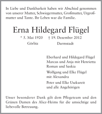 Traueranzeige von Erna Hildegard Flügel von Darmstädter Echo, Odenwälder Echo, Rüsselsheimer Echo, Groß-Gerauer-Echo, Ried Echo