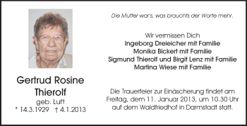 Traueranzeige von Gertrud Rosine Thierolf von Echo-Zeitungen (Gesamtausgabe)