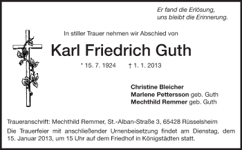 Traueranzeige von Karl Friedrich Guth von Rüsselsheimer Echo, Groß-Gerauer-Echo, Ried Echo
