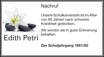 Traueranzeige von Edith Petri von Rüsselsheimer Echo, Groß-Gerauer-Echo, Ried Echo