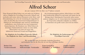 Traueranzeige von Alfred Scheer von Darmstädter Echo, Odenwälder Echo, Rüsselsheimer Echo, Groß-Gerauer-Echo, Ried Echo