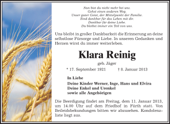 Traueranzeige von Klara Reinig von Starkenburger Echo