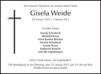 Traueranzeige von Gisela Weide von Rüsselsheimer Echo, Groß-Gerauer-Echo, Ried Echo