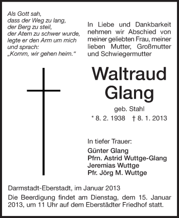 Traueranzeige von Waltraud Glang von Echo-Zeitungen (Gesamtausgabe)