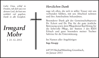 Traueranzeige von Irmgard Mohr von Odenwälder Echo