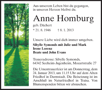Traueranzeige von Anne Homburg von Echo-Zeitungen (Gesamtausgabe)
