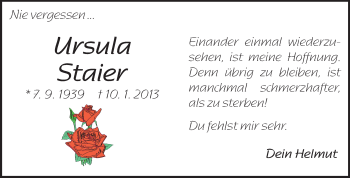 Traueranzeige von Ursula Staier von Odenwälder Echo