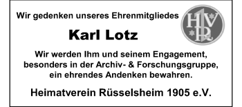 Traueranzeige von Karl Lotz von Rüsselsheimer Echo, Groß-Gerauer-Echo, Ried Echo