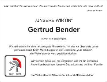 Traueranzeige von Gertrud Bender von Rüsselsheimer Echo, Groß-Gerauer-Echo, Ried Echo