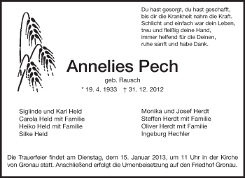 Traueranzeige von Annelies Pech von Starkenburger Echo, Bergsträßer Anzeiger