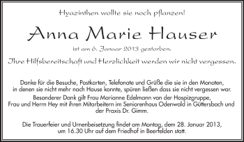 Traueranzeige von Anna Marie Hauser von Odenwälder Echo