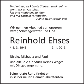 Traueranzeige von Reinhold Ehses von Echo-Zeitungen (Gesamtausgabe)
