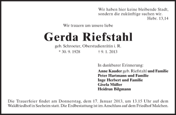 Traueranzeige von Gerda Riefstahl von Echo-Zeitungen (Gesamtausgabe)