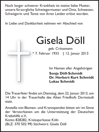 Traueranzeige von Gisela Döll von Echo-Zeitungen (Gesamtausgabe)