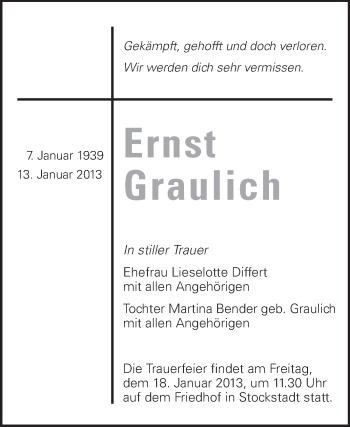 Traueranzeige von Ernst Graulich von Rüsselsheimer Echo, Groß-Gerauer-Echo, Ried Echo