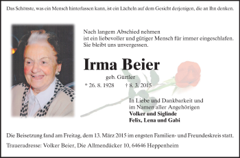 Traueranzeige von Irma Beier von Starkenburger Echo