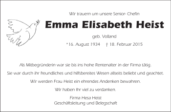 Traueranzeige von Emma Elisabeth Heist von Echo-Zeitungen (Gesamtausgabe)