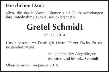 Traueranzeige von Gretel Schmidt von Echo-Zeitungen (Gesamtausgabe)