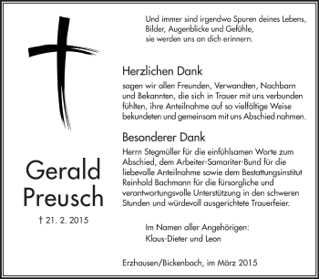 Traueranzeige von Gerald Preusch von Echo-Zeitungen (Gesamtausgabe)