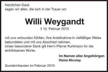 Traueranzeige von Willi Weygandt von Echo-Zeitungen (Gesamtausgabe)