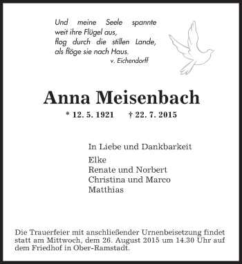 Traueranzeige von Anna Meisenbach von trauer.echo-online.de