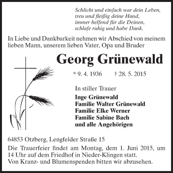Traueranzeige von Georg Grünewald von Echo-Zeitungen (Gesamtausgabe)