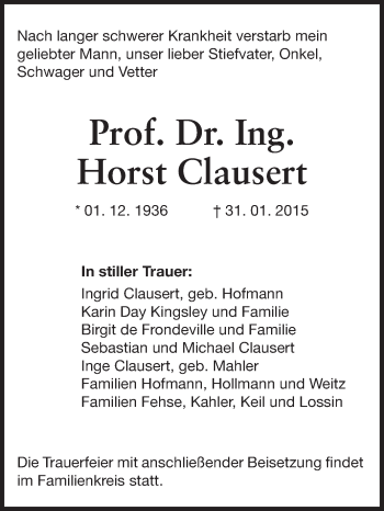 Traueranzeige von Horst Clausert von Echo-Zeitungen (Gesamtausgabe)
