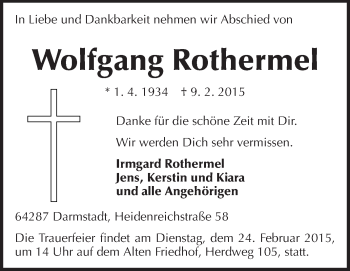 Traueranzeige von Wolfgang Rothermel von Echo-Zeitungen (Gesamtausgabe)