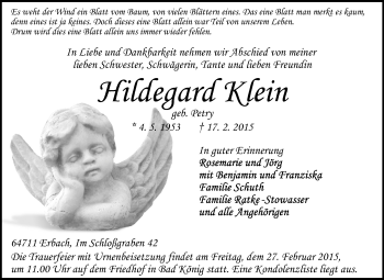 Traueranzeige von Hildegard Klein von Odenwälder Echo