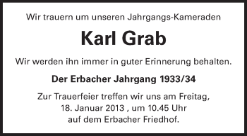 Traueranzeige von Karl Grab von Odenwälder Echo