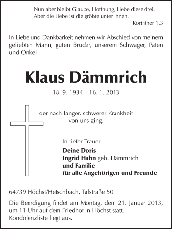 Traueranzeige von Klaus Dämmrich von Echo-Zeitungen (Gesamtausgabe)