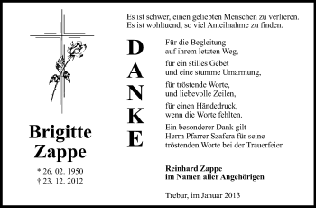 Traueranzeige von Brigitte Zappe von Rüsselsheimer Echo, Groß-Gerauer-Echo, Ried Echo