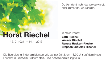 Traueranzeige von Horst Riechel von Echo-Zeitungen (Gesamtausgabe)