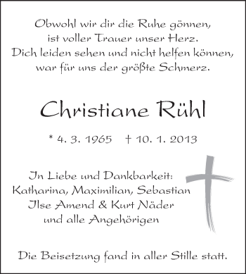 Traueranzeige von Christiane Rühl von Odenwälder Echo