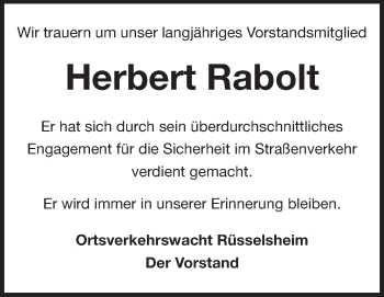 Traueranzeige von Herbert Rabolt von Rüsselsheimer Echo, Groß-Gerauer-Echo, Ried Echo