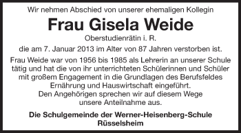 Traueranzeige von Gisela Weide von Rüsselsheimer Echo, Groß-Gerauer-Echo, Ried Echo