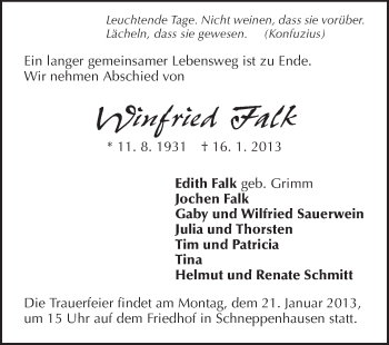 Traueranzeige von Winfried Falk von Echo-Zeitungen (Gesamtausgabe)