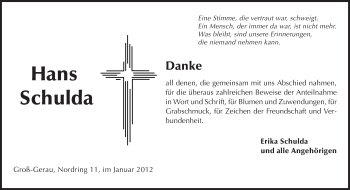 Traueranzeige von Hans Schulda von Rüsselsheimer Echo, Groß-Gerauer-Echo, Ried Echo