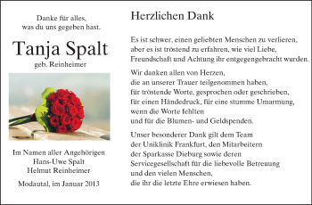 Traueranzeige von Tanja Spalt von Echo-Zeitungen (Gesamtausgabe)