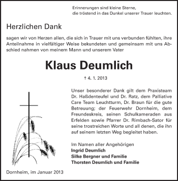 Traueranzeige von Klaus Deumlich von Rüsselsheimer Echo, Groß-Gerauer-Echo, Ried Echo