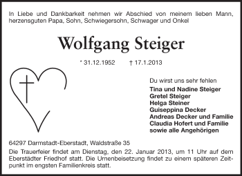 Traueranzeige von Wolfgang Steiger von Echo-Zeitungen (Gesamtausgabe)