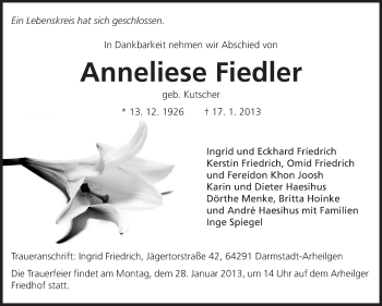 Traueranzeige von Anneliese Fiedler von Echo-Zeitungen (Gesamtausgabe)