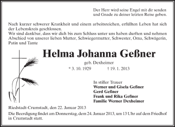Traueranzeige von Helma Johanna Geßner von Rüsselsheimer Echo, Groß-Gerauer-Echo, Ried Echo